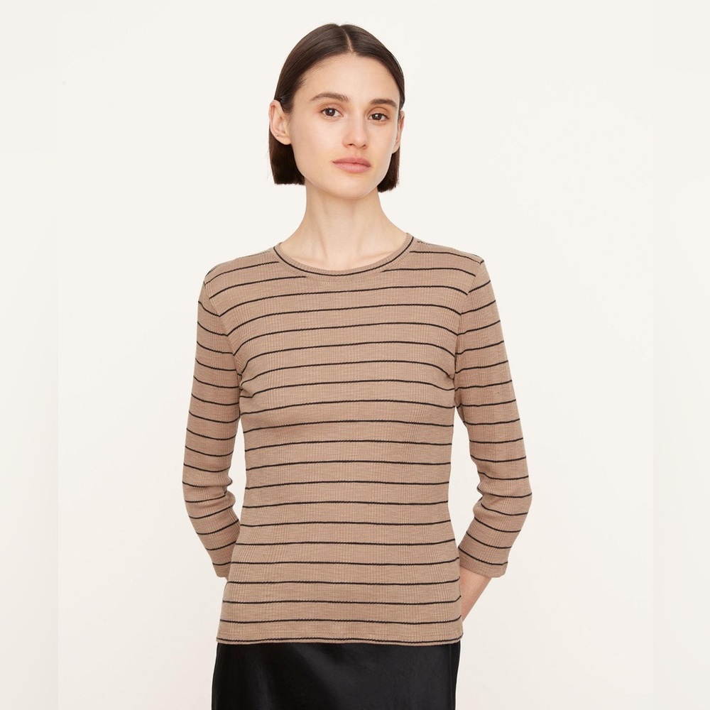 Vince Striped 3/4 Sleeve Crew Neck T-Shirt Size S 100% cotton Shale tan black